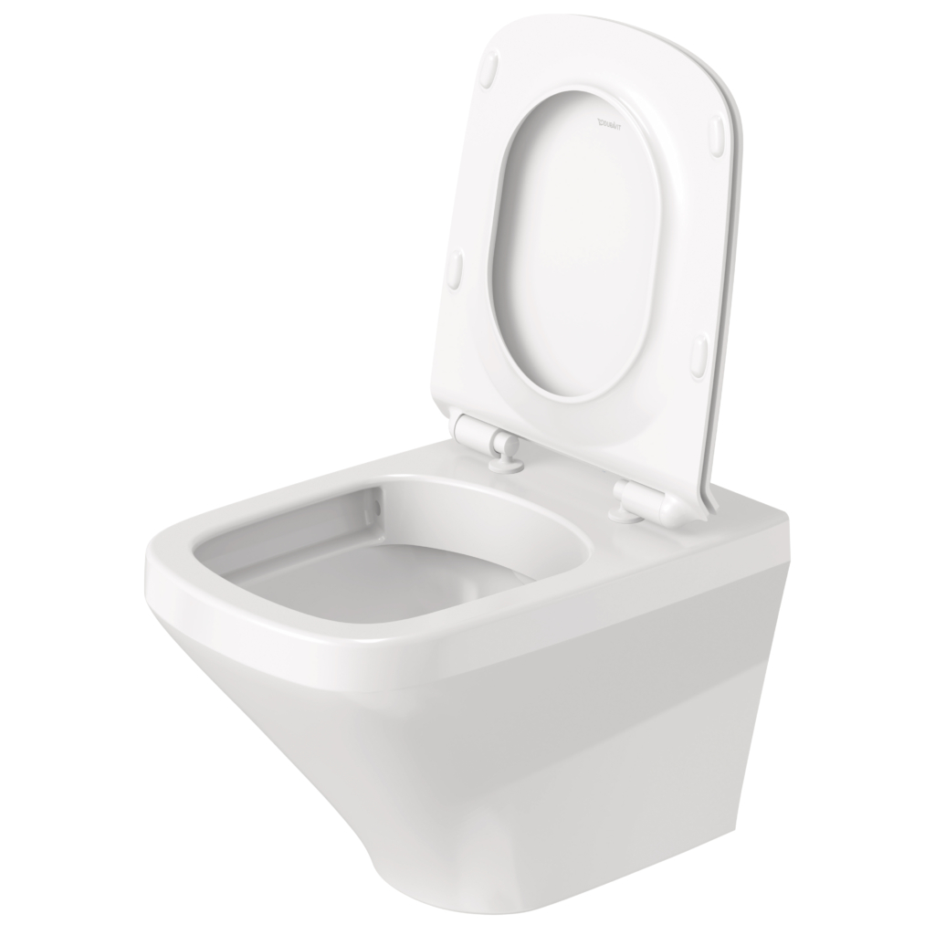 DuraStyle Rimless vägghängd toalett från Duravit med öppet toalettlock.