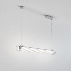 io Pendant 1000 taklampa, är en cylinderformad lampa som hänger från taket i två stållinor.