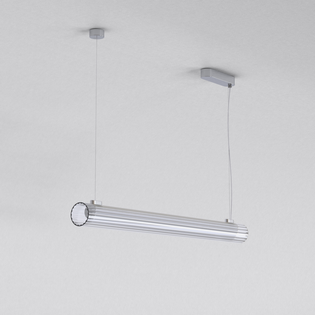 io Pendant 1000 taklampa, är en cylinderformad lampa som hänger från taket i två stållinor.