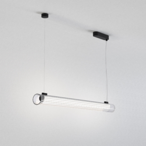 io Pendant 1000 taklampa, är en cylinderformad lampa som hänger från taket i två stållinor.