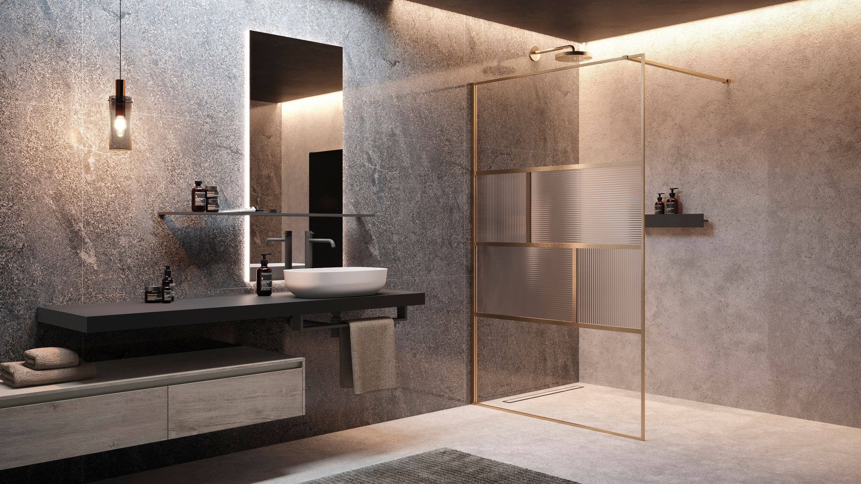 Badrum med tvättställ och en duschmiljö med en duschvägg med ett linjerat mönster.