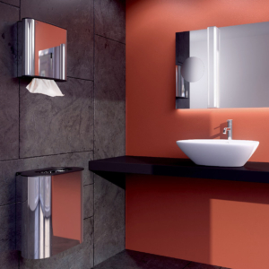 Hållare för pappershanddukar och soptunna i ett badrum.