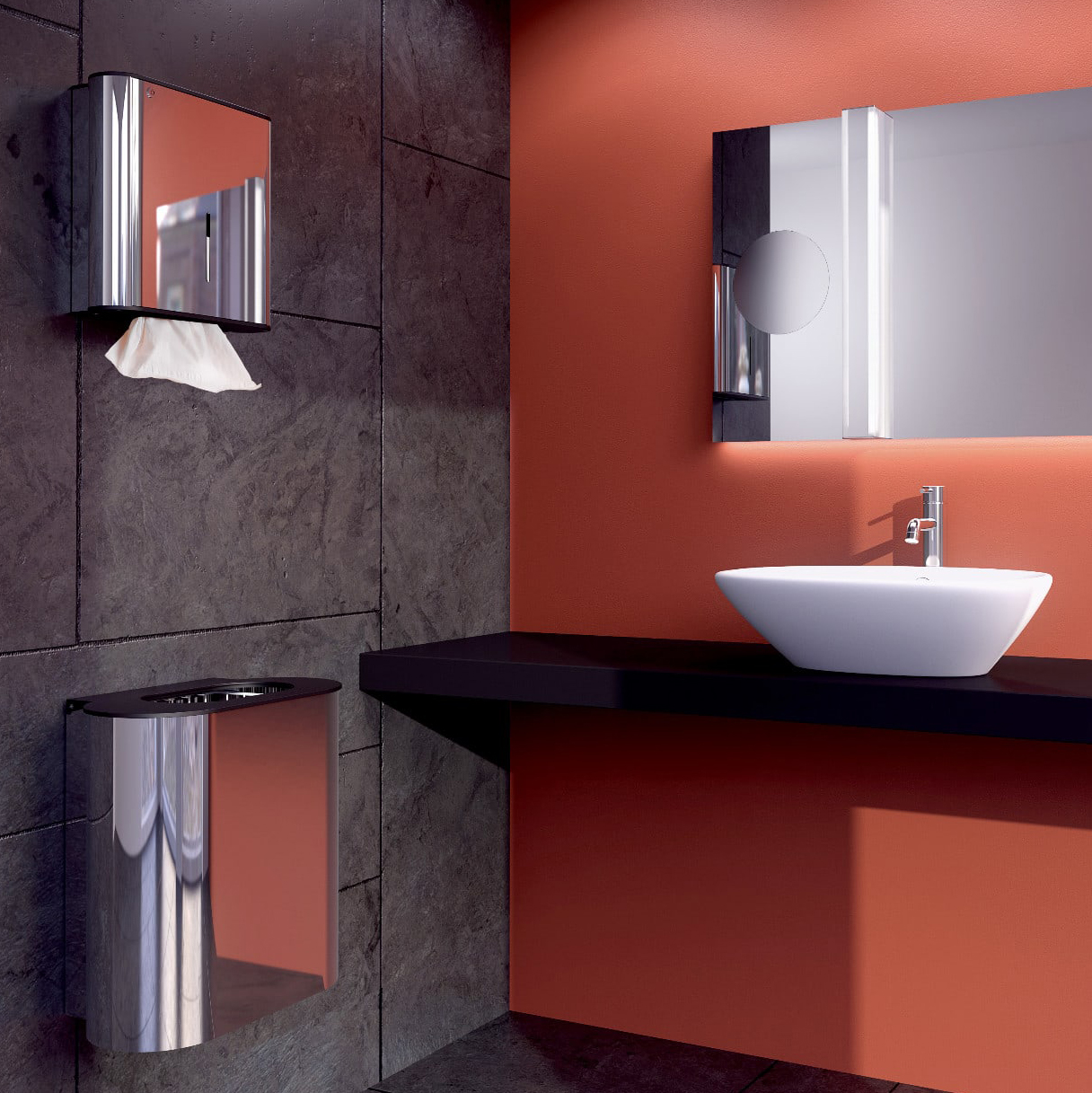 Hållare för pappershanddukar och soptunna i ett badrum.