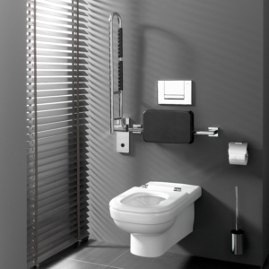 Armstöd till toalett som är uppfällt.