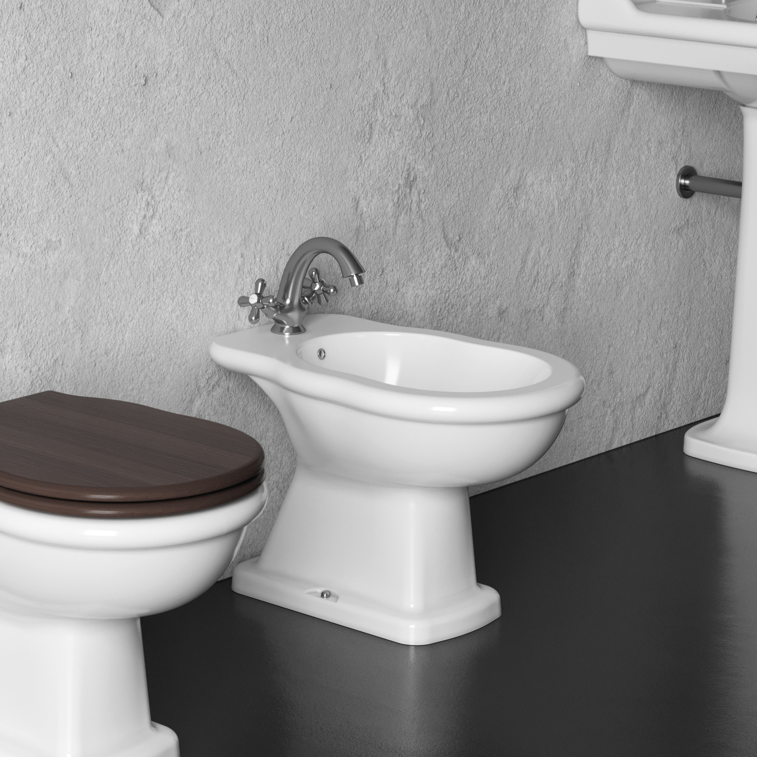 Classic golvstående bidé vid en toalett.