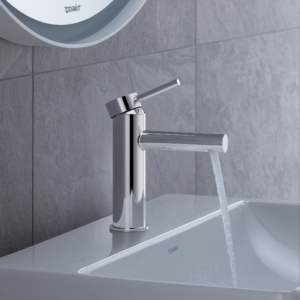 Circle S tvättställsblandare från Duravit på ett tvättställ.