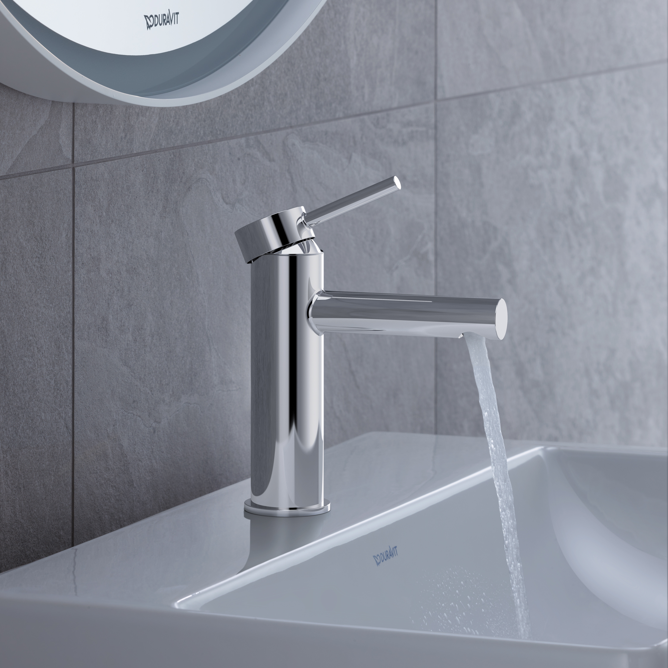 Circle S tvättställsblandare från Duravit på ett tvättställ.