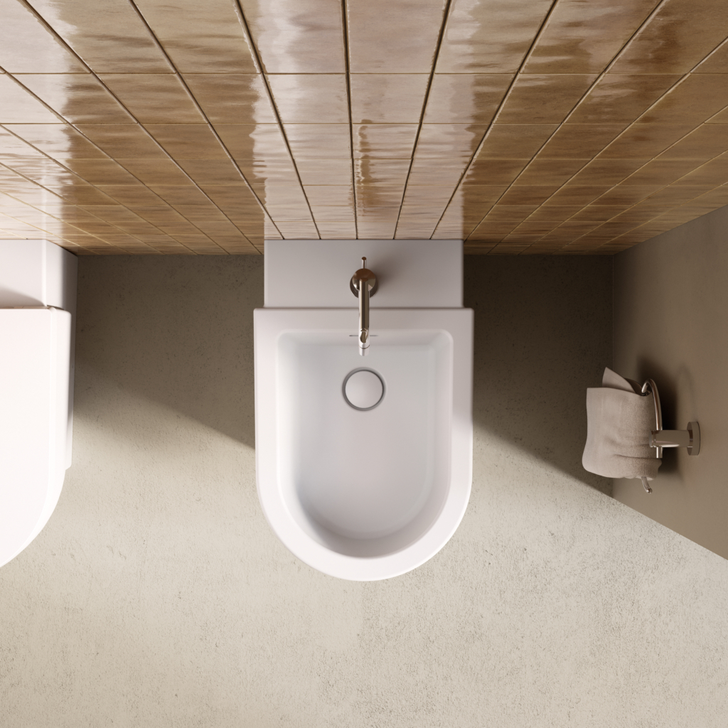 Balcoon bidé vägghängd i ett badrum.