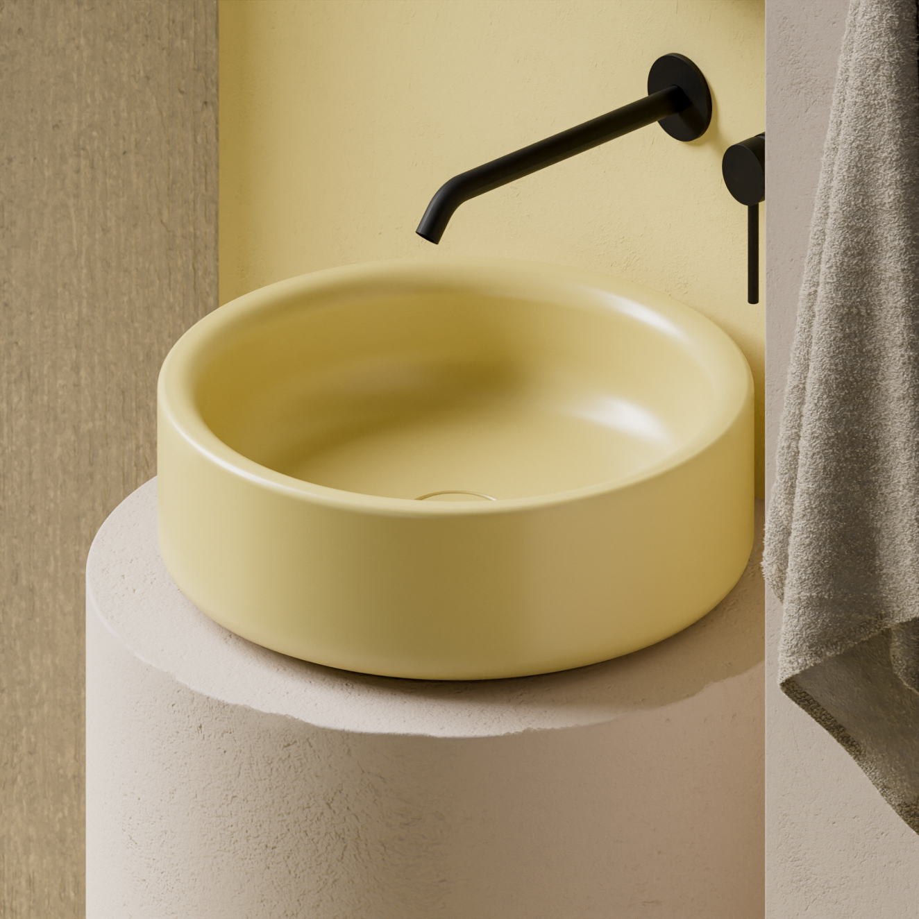 Torcello runt tvättställ för bänk på en piedestal med en väggblandare.