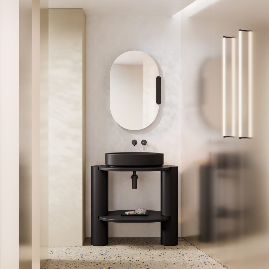 Torcello benställning med porslinshyllor och tvättställ i ett badrum.