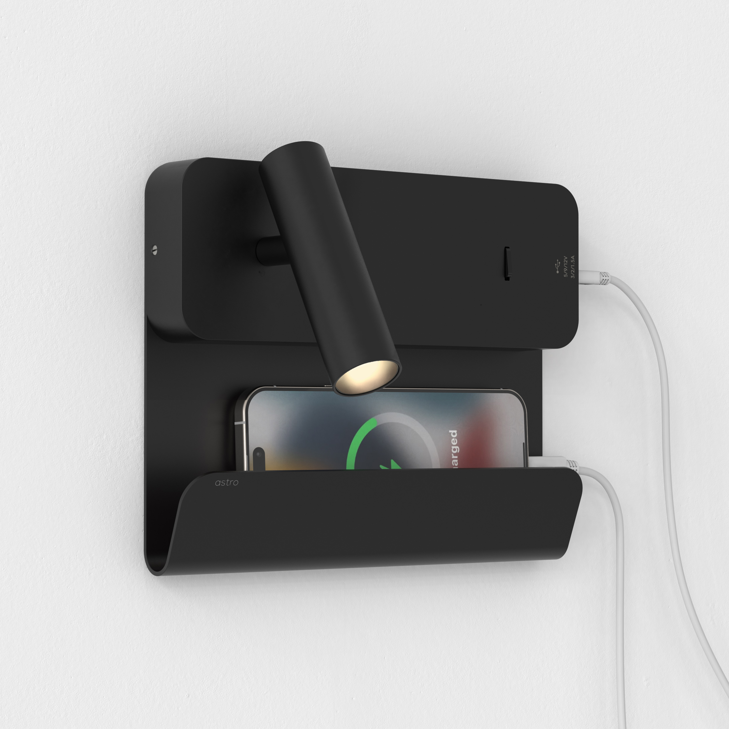 Enna Surface USB läslampa för vägg med hylla för mobil.