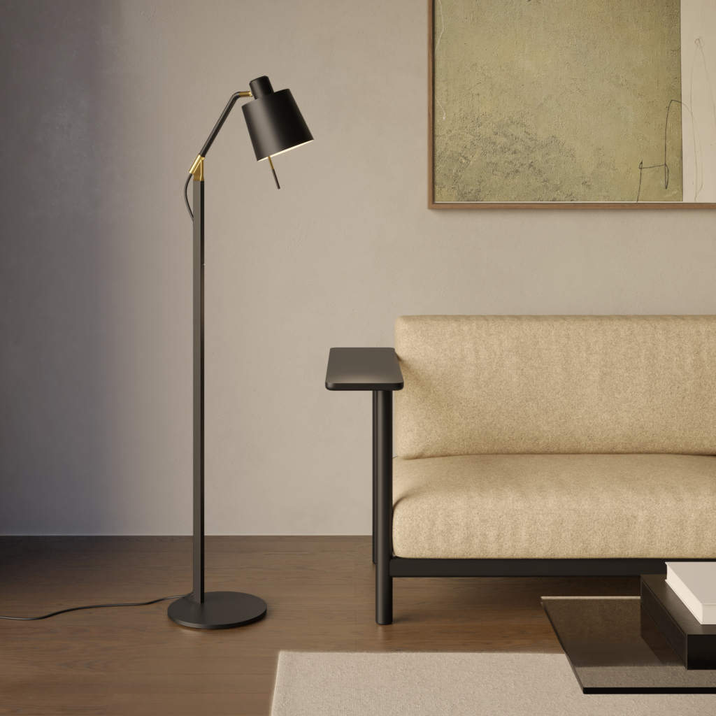 Edward Floor, golvlampa vid en soffa.