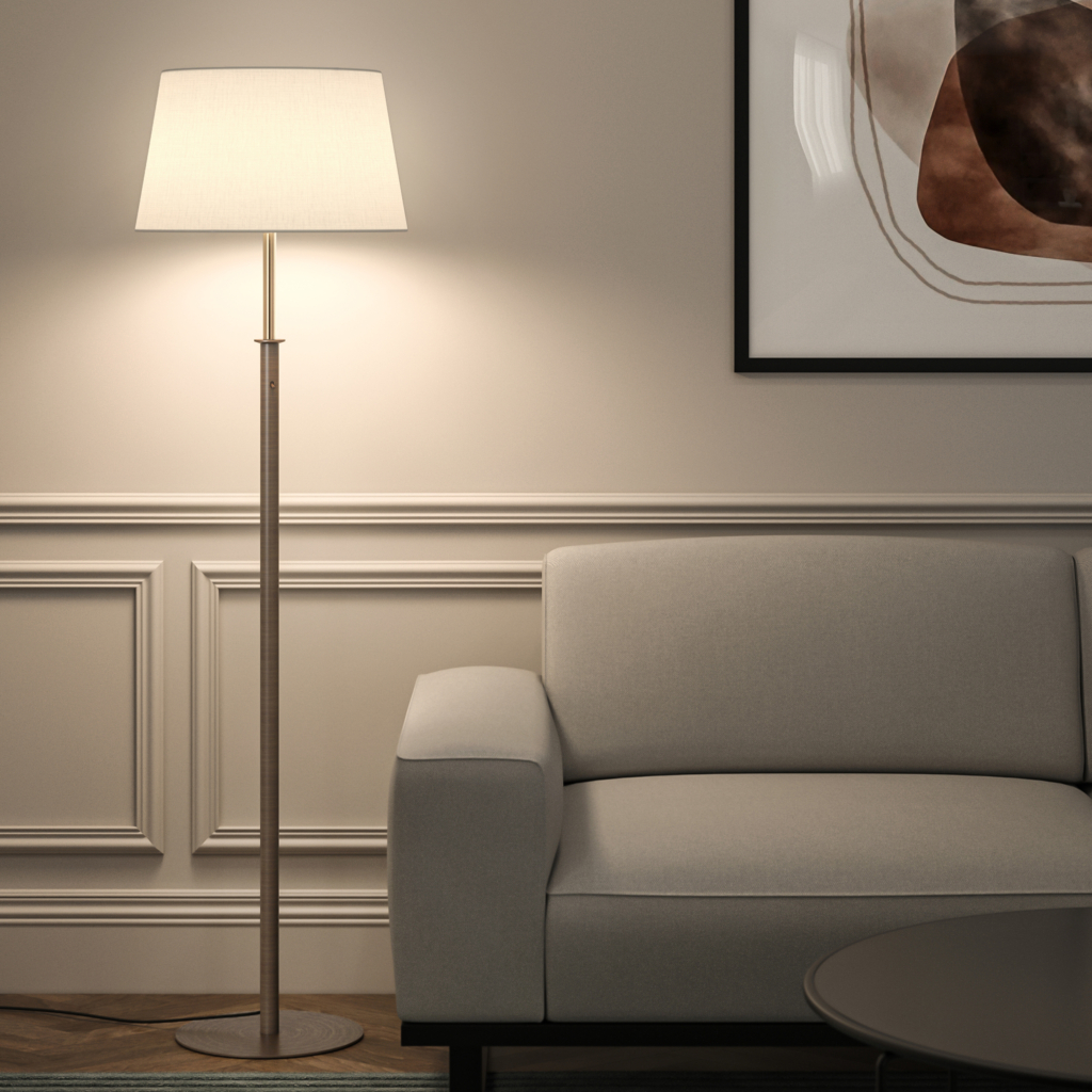 Club Floor, golvlampa med skärm vid en soffa.