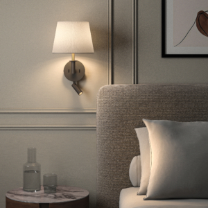 Club Reader, läslampa med skärm på en vägg vid en säng.