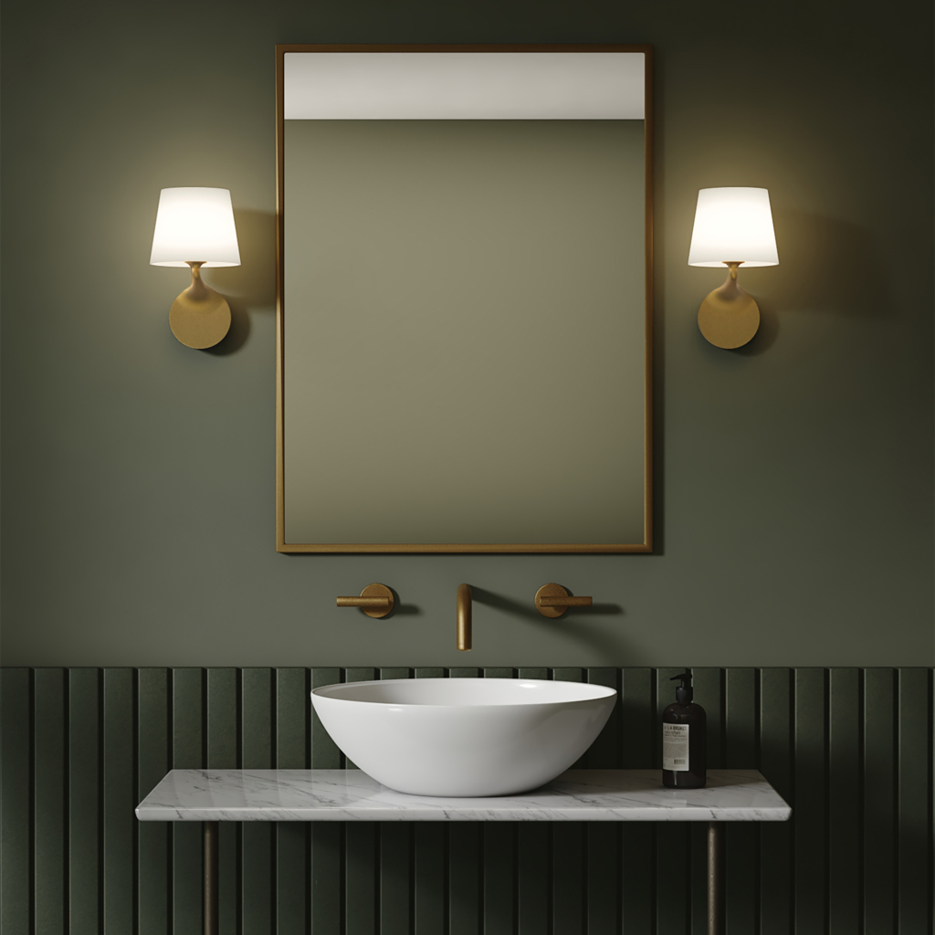 Miljöbild på vägglampa Millie från Astro i antik mässing i badrumsmijö.