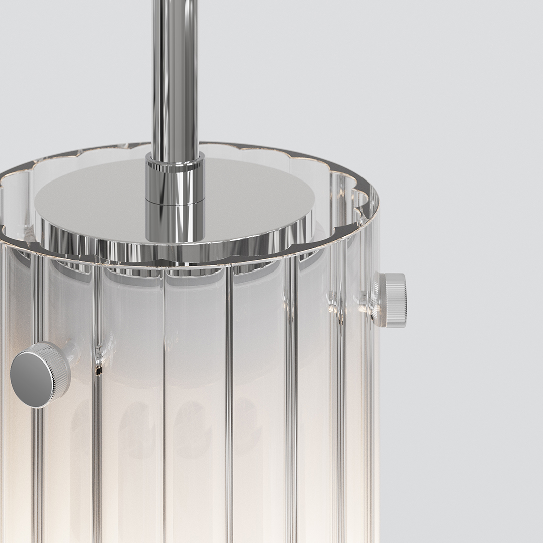 Närbild på pendlande lampa Ottavino Pendant med ett räfflat frostat glas i färgen krom.