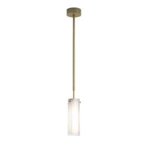 Närbild på pendlande lampa Ottavino Pendant med ett räfflat frostat glas i färgen matt borstad mässing.